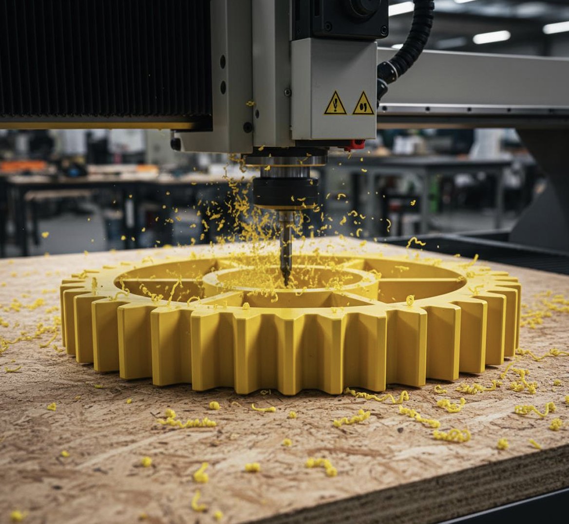 Operador realizando usinagem CNC de peça técnica em plástico de engenharia